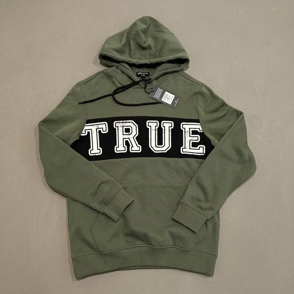 True Religion Contrast Panel Hoodie Mens M Bronze Green Logo Pullover NWT $119